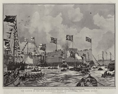 The Launch of the New Battleship Queen at Devonport, the Vessel Afloat by Charles Edward Dixon